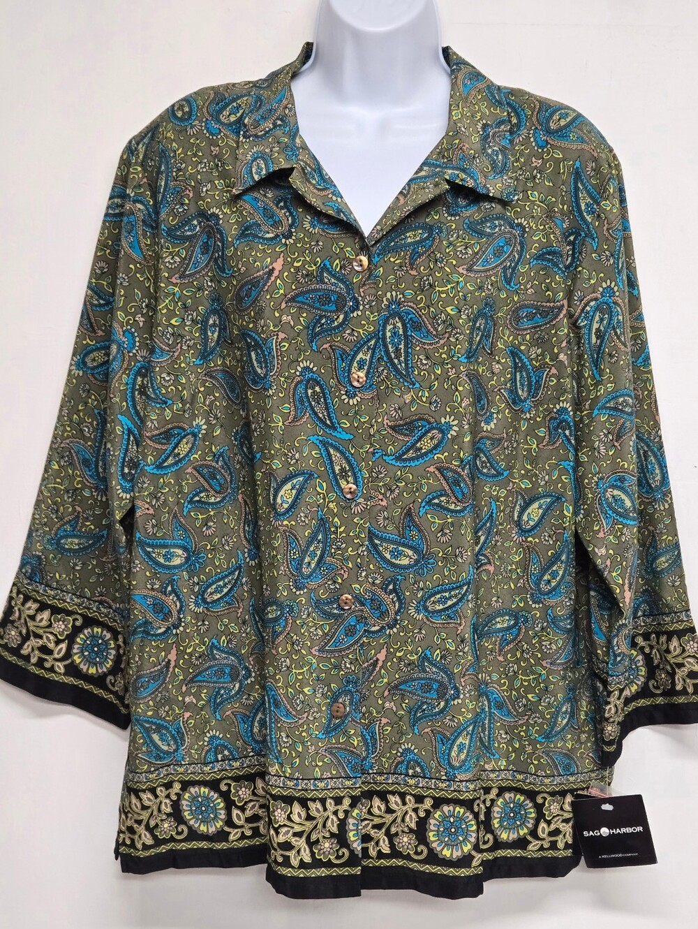 Sag Harbor Vintage XL Button Down Top Paisley Floral Bohemian 3/4 Sleeve